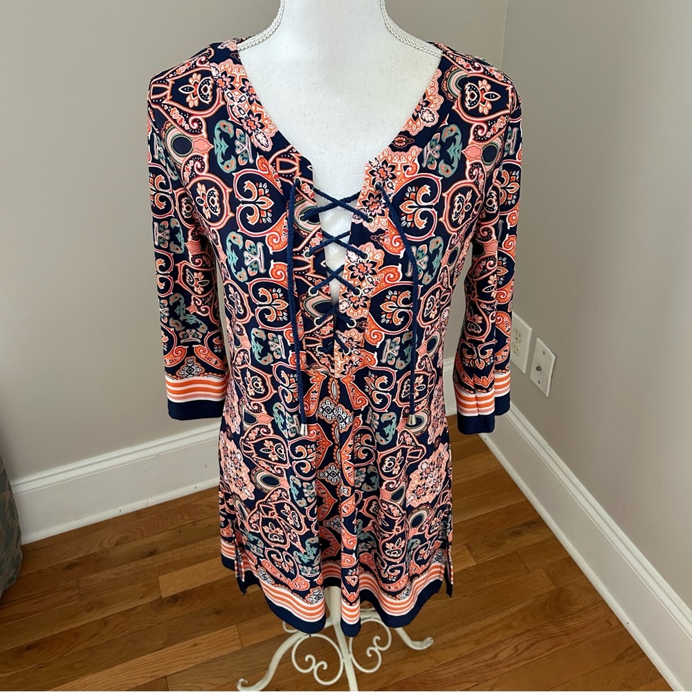 St. Tropez West Womans Navy Orange Paisley Stretch Knit Shift Tunic Dress Small